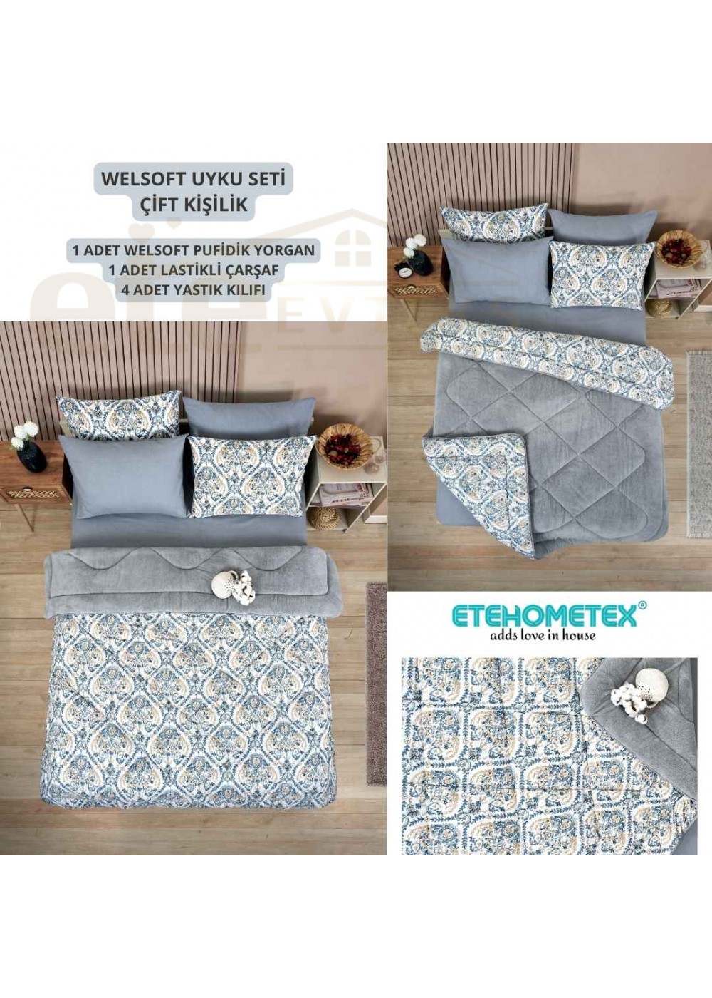 ETE HOMETEX ÇİFT KİŞİLİK WELSOFT UYKU SETİ AKSU GRİ 8696474231972